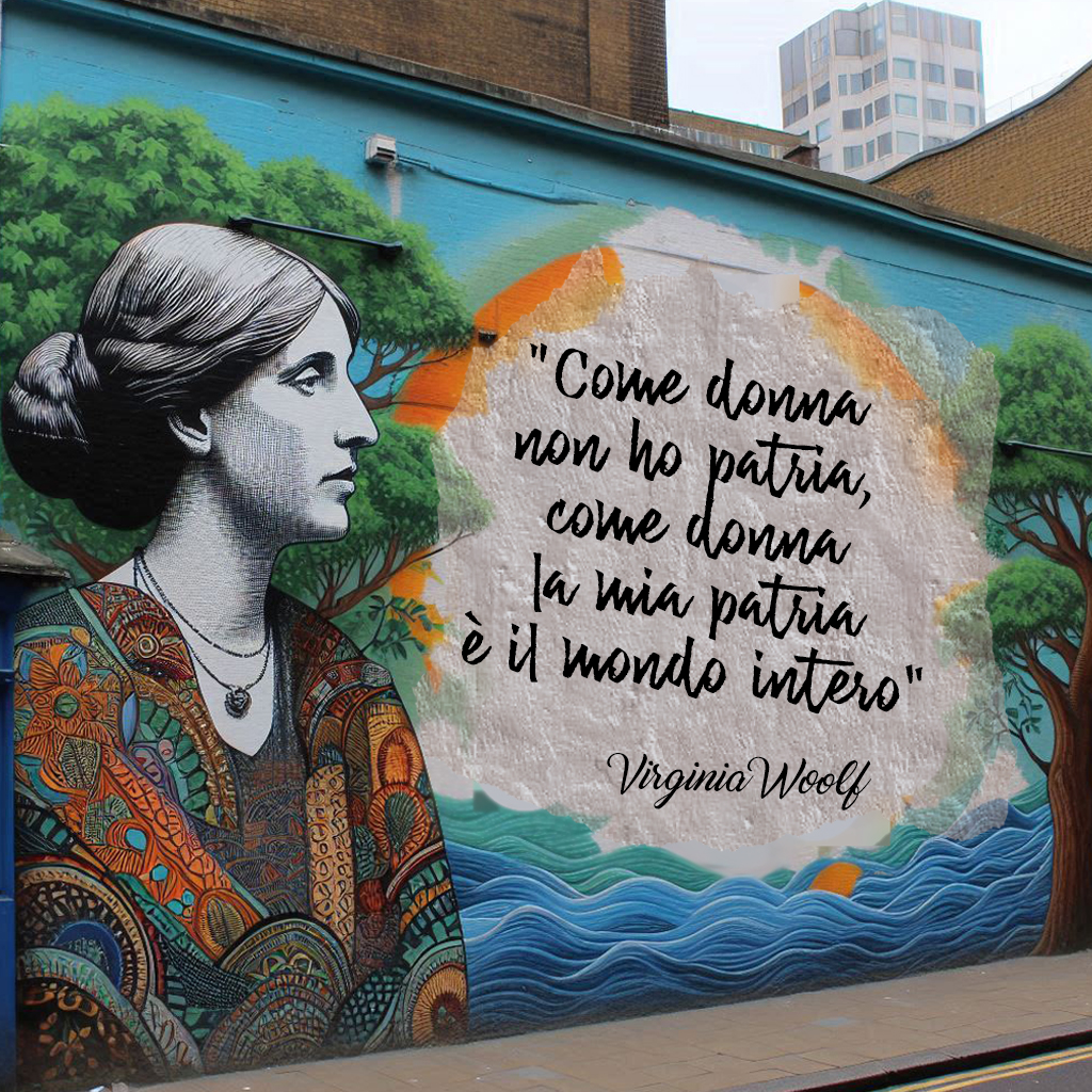 La-suggestione-di-un-murale-urbano-con-Virginia-Woolf-e-una-delle-sue-citazioni-piu-celebri-(immagine-generata con Ai)