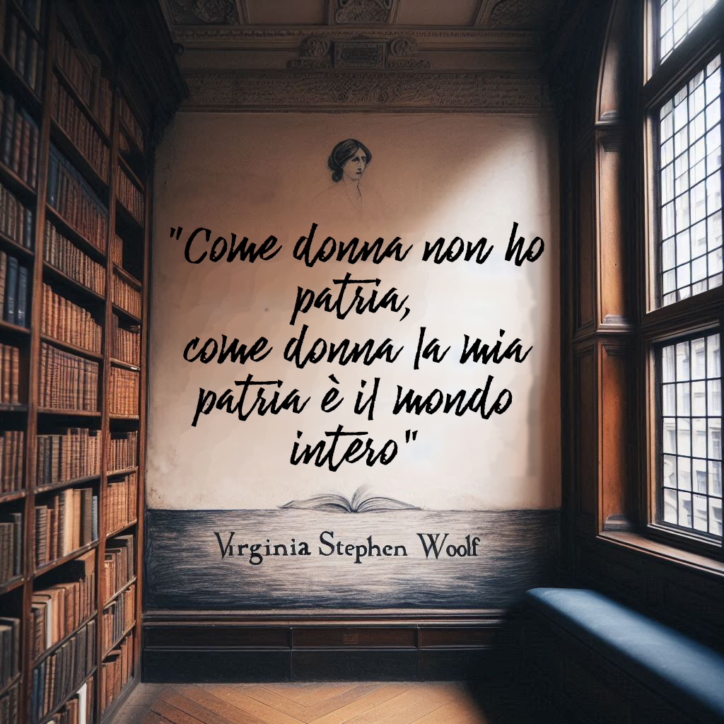 Quale luogo più ideale di una citazione di Virginia Woolf o di Michela Murgia se non una parete di una biblioteca? (immagine creata con Intelligenza artificiale)