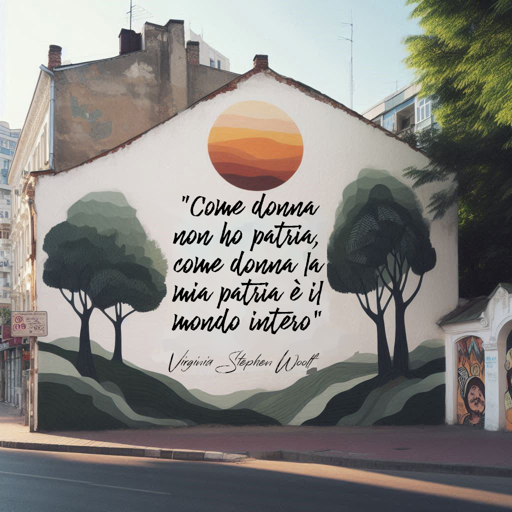 Un murale in un contesto urbano con una citazione di Virginia Woolf (immagine elaborata da Ai)